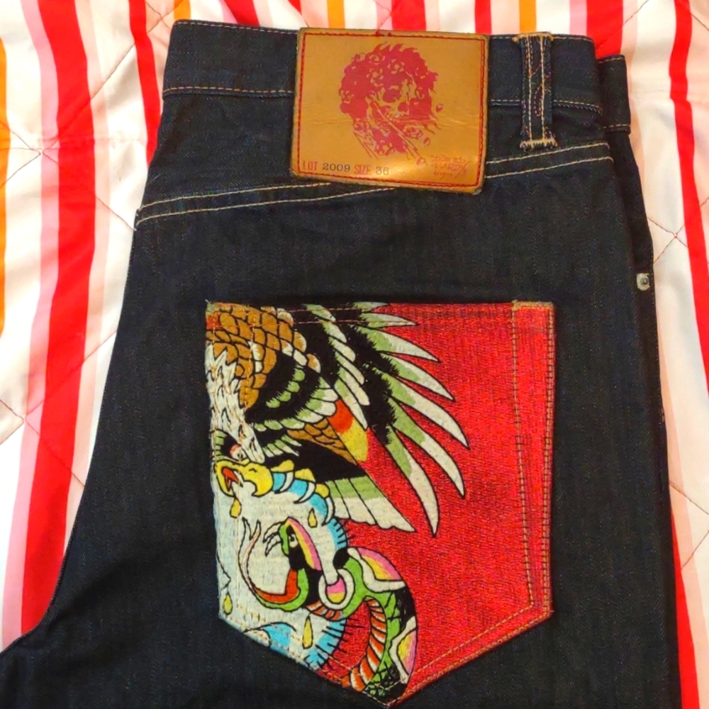 Ed Hardy Size 36 Heavy Embroidery Snake and Eagle denim shorts